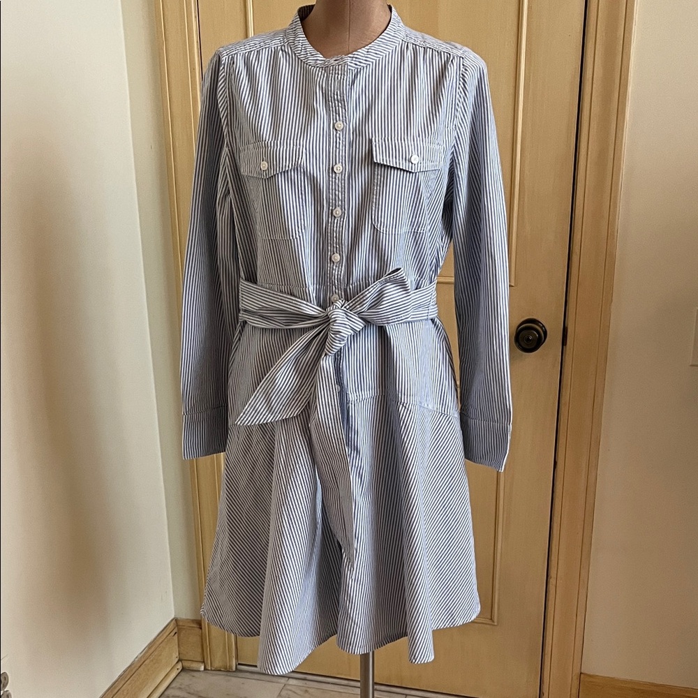 J. CREW Preppy Nautical Career Blue/White Pinstripe Cotton L. SLV Shirtdress 10